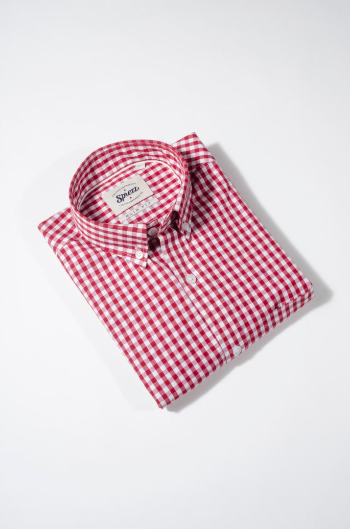 Red Gingham Check Button Down Slim Fit Shirt