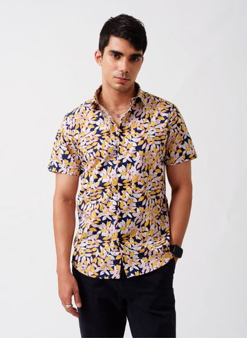 Flora Print Cotton Slim Fit Half Sleeves Shirt