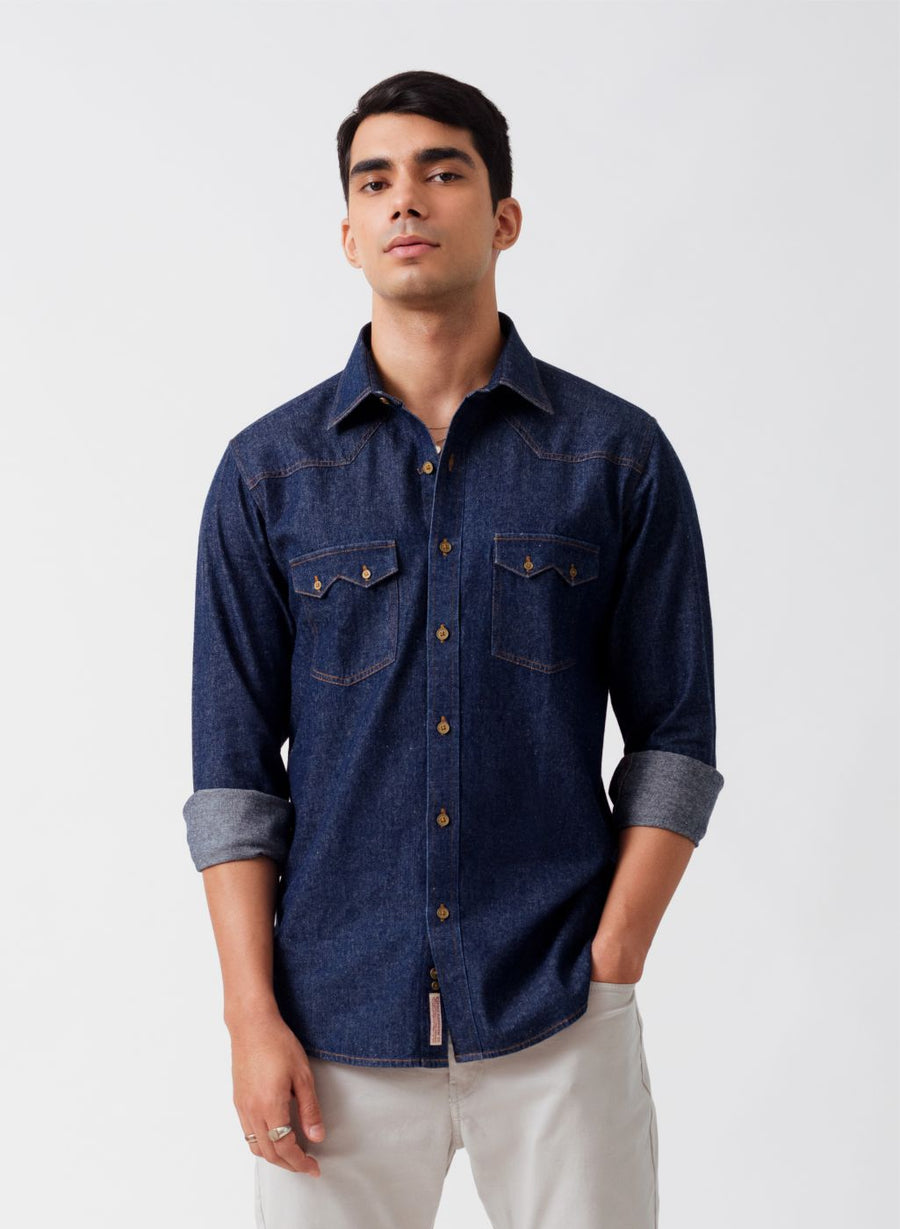 Work Wear Indigo Denim Slim Fit Shirt