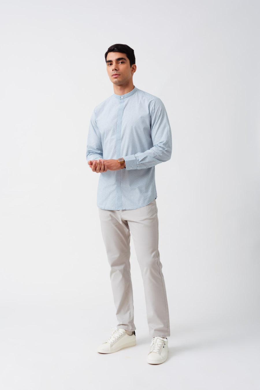 Sky Blue Polka Cotton Full Sleeves Shirt