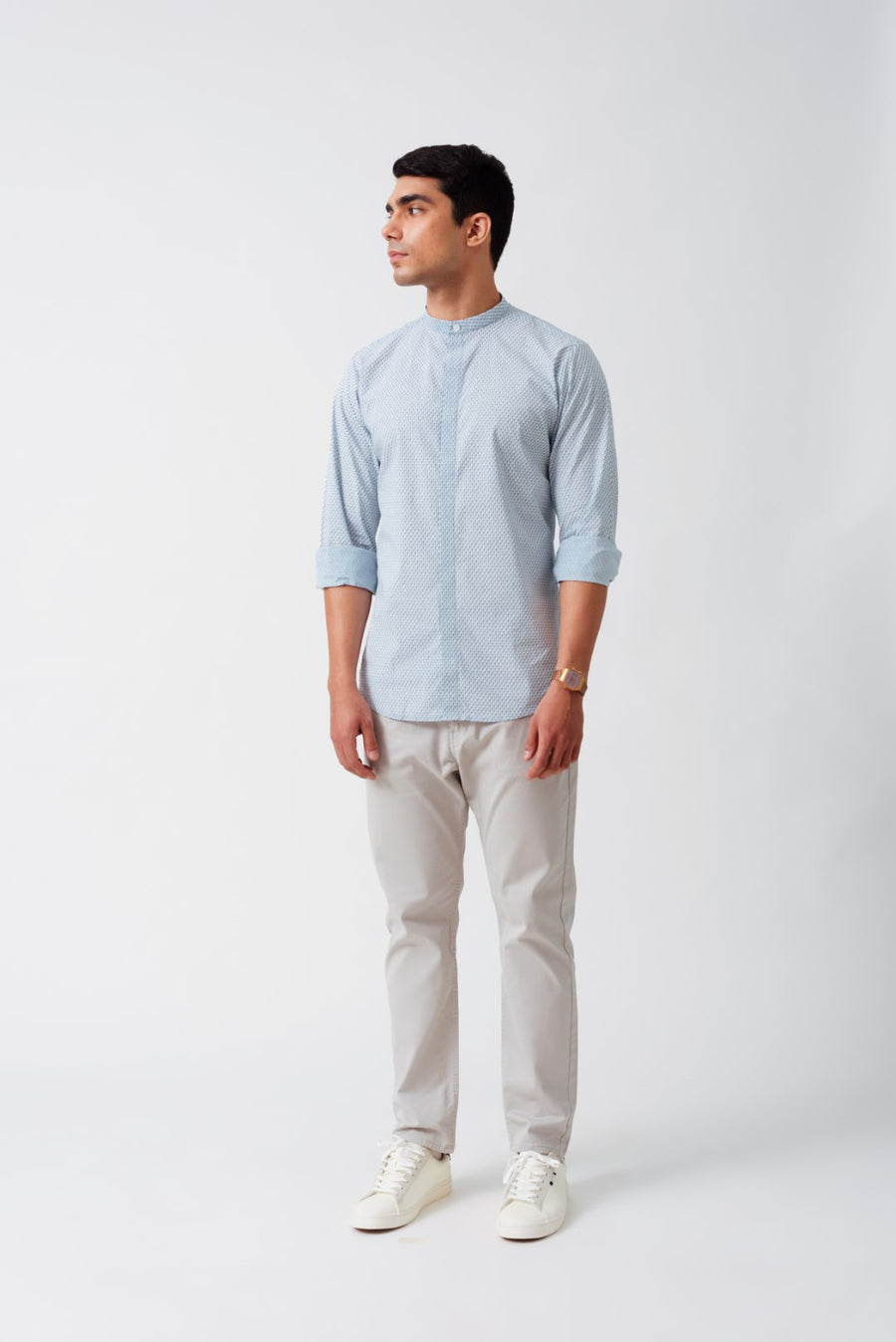 Sky Blue Polka Cotton Full Sleeves Shirt