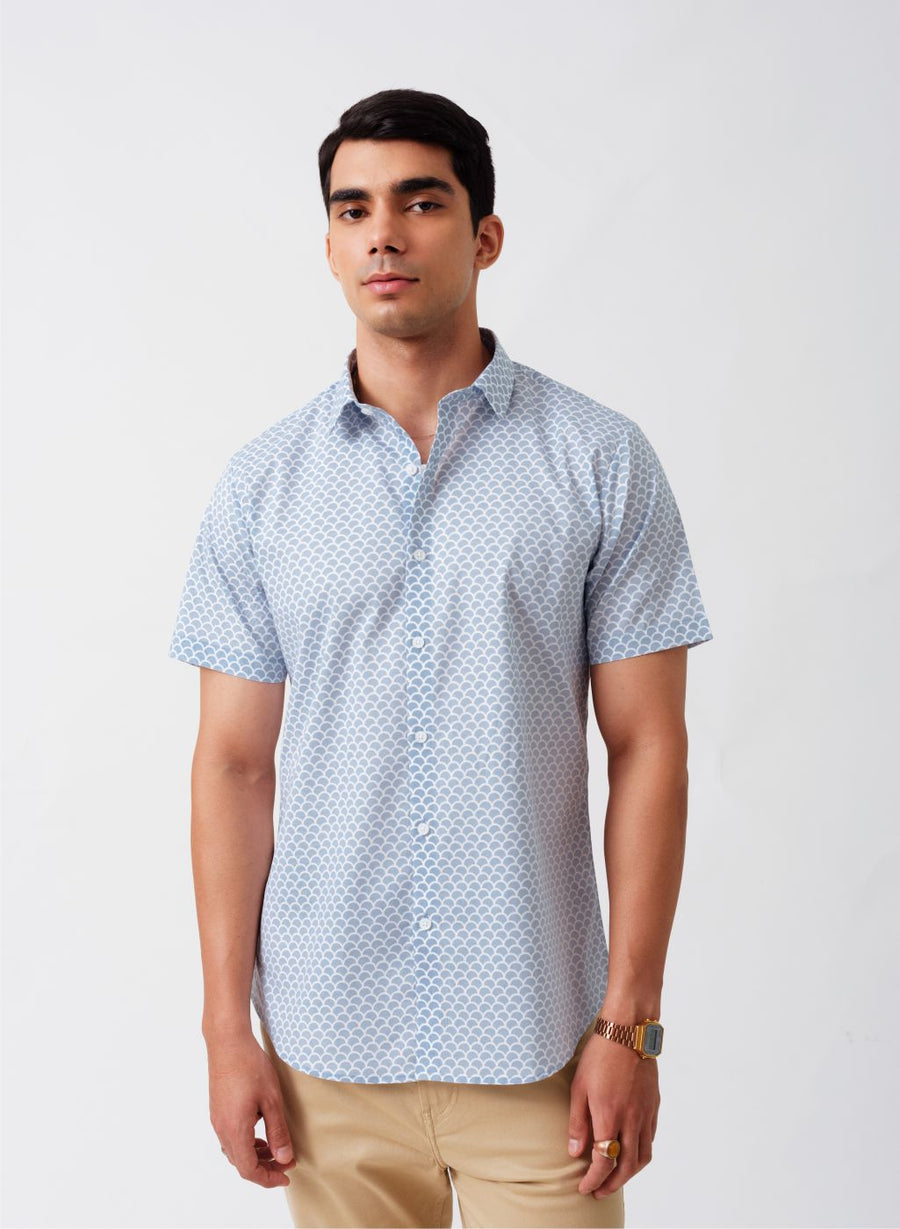 Fish Scales Print Cotton Half Sleeves Shirt