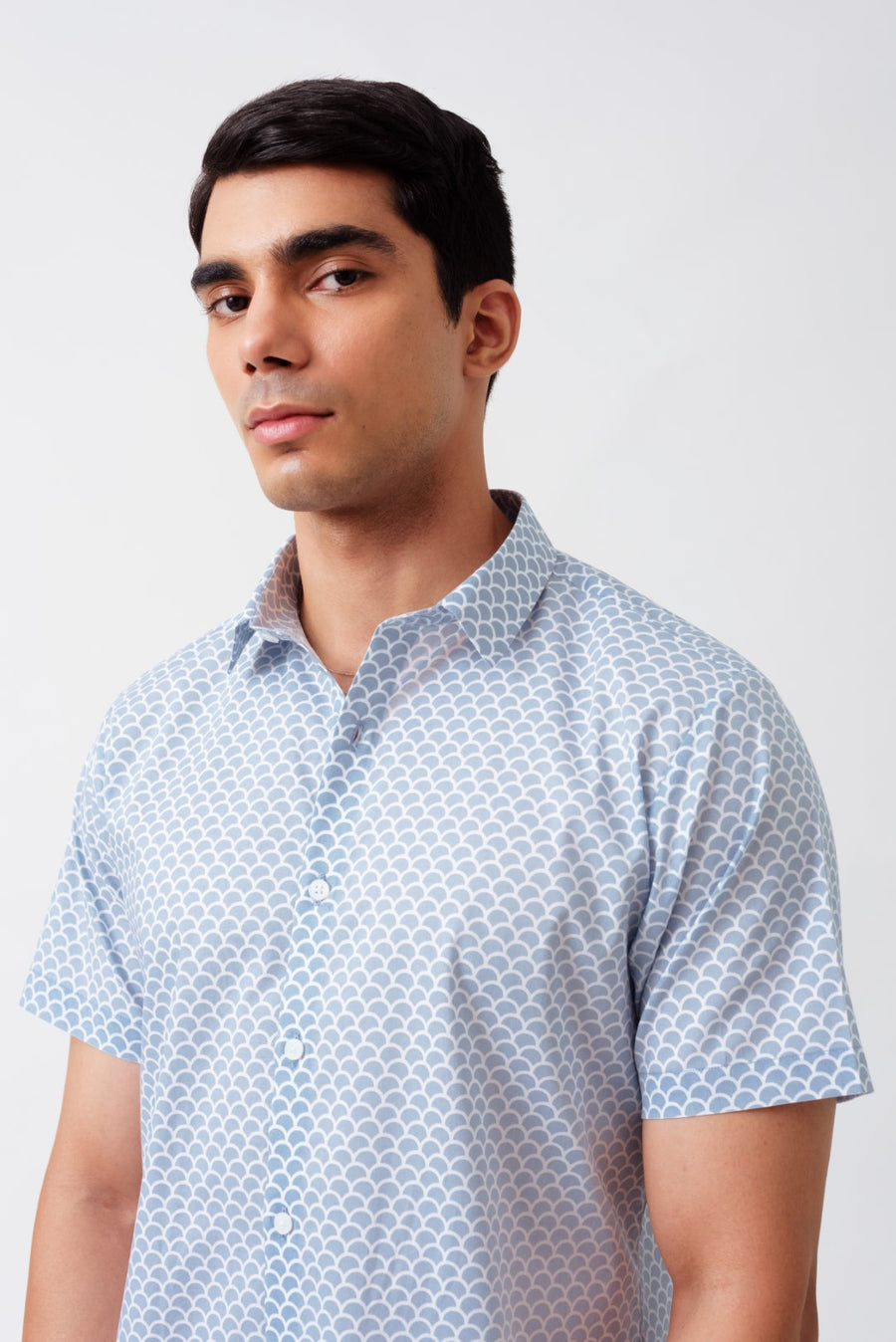 Fish Scales Print Cotton Half Sleeves Shirt