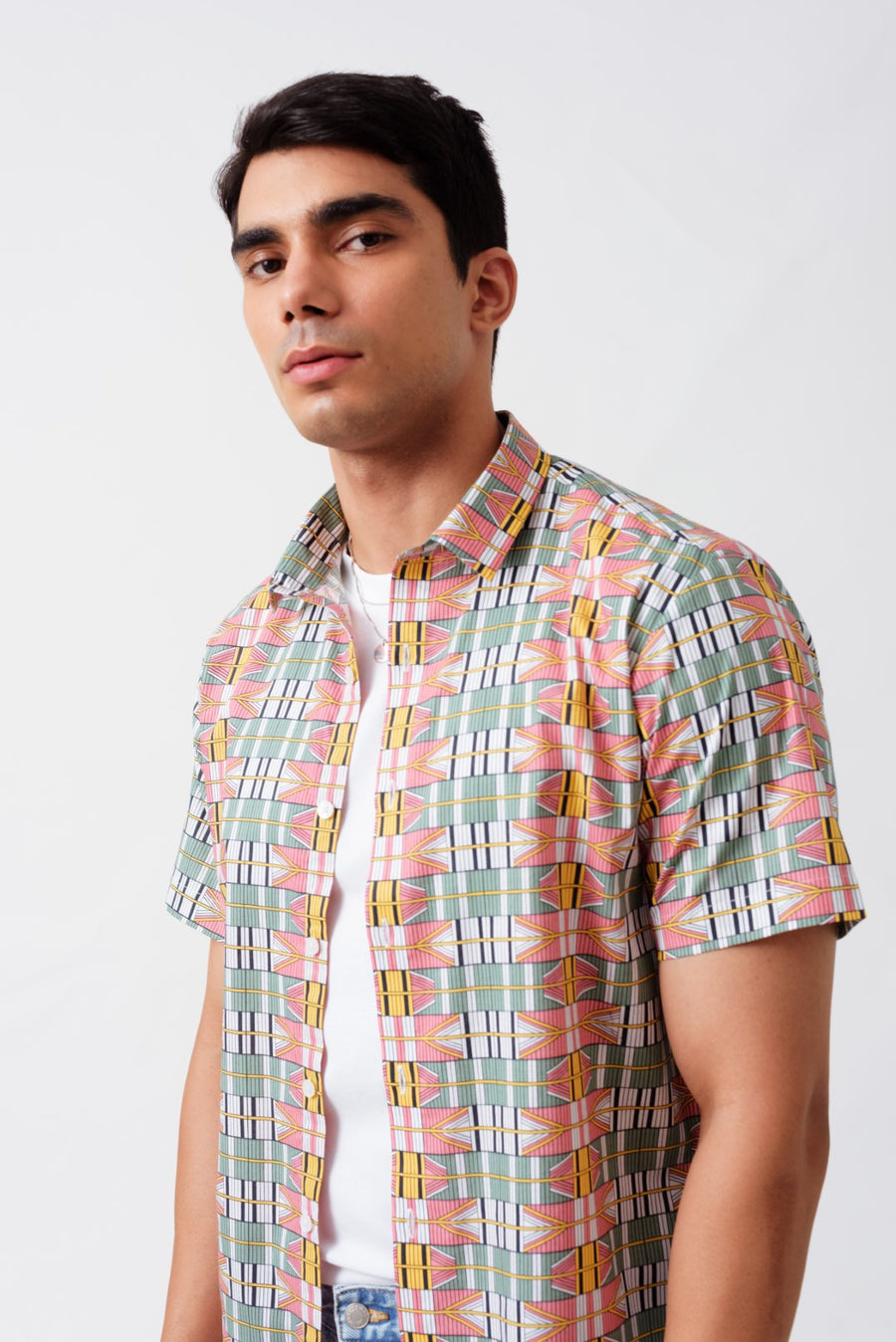 Retrō Geometric Print Cotton Half Sleeves Shirt