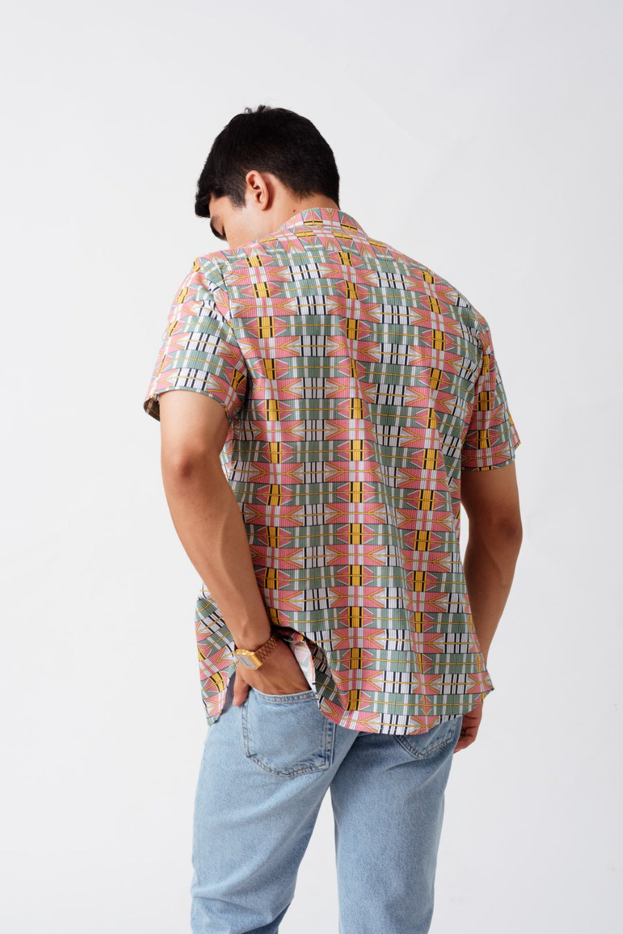 Retrō Geometric Print Cotton Half Sleeves Shirt