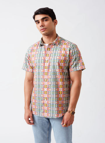 Retrō Geometric Print Cotton Half Sleeves Shirt