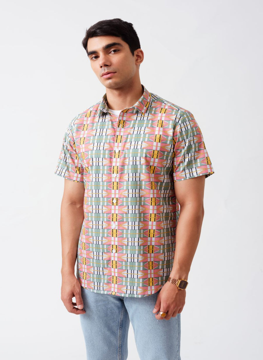 Retrō Geometric Print Cotton Half Sleeves Shirt
