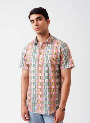 Retrō Geometric Print Cotton Half Sleeves Shirt