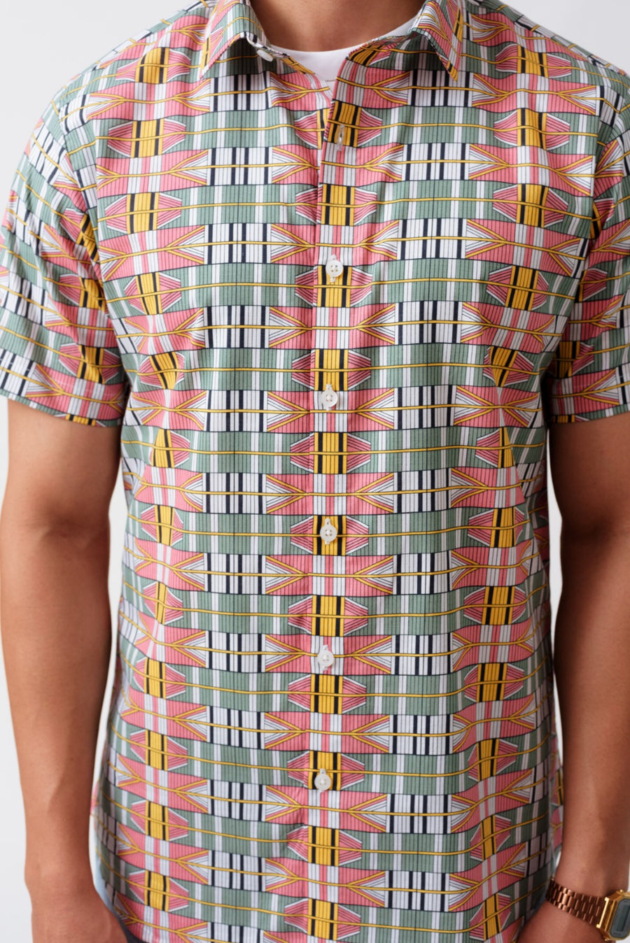 Retrō Geometric Print Cotton Half Sleeves Shirt