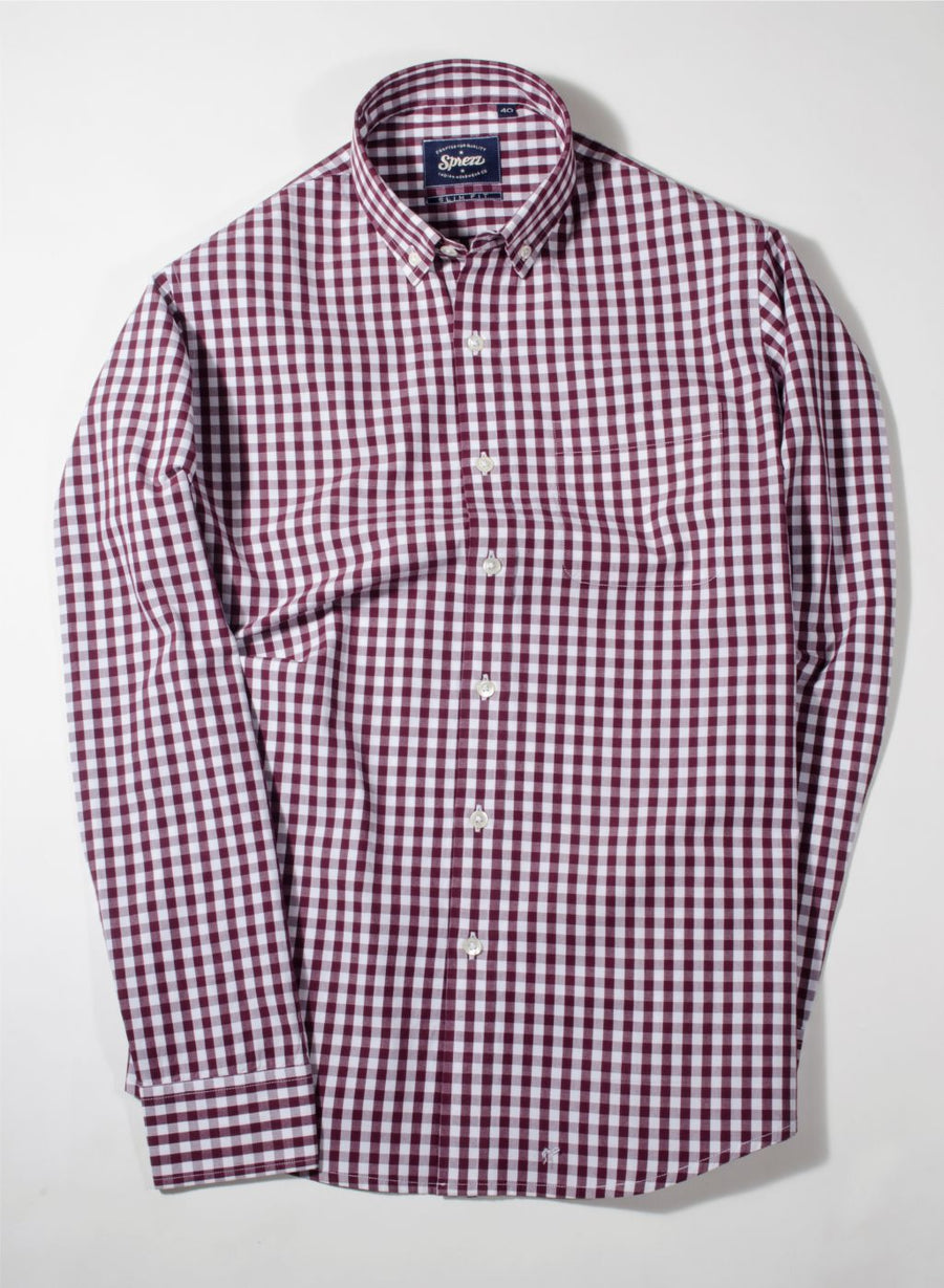 Maroon Gingham Check Button Down Slim Fit Shirt