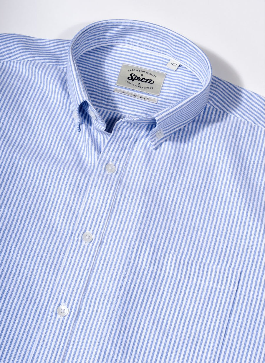 Sky Blue Oxford Stripe Button Down Slim Fit Shirt