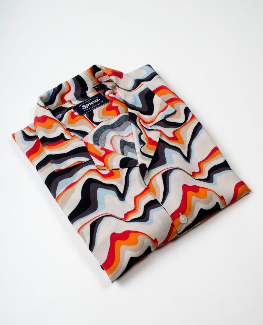 Retro Wave Print Oversized Viscose Shirt