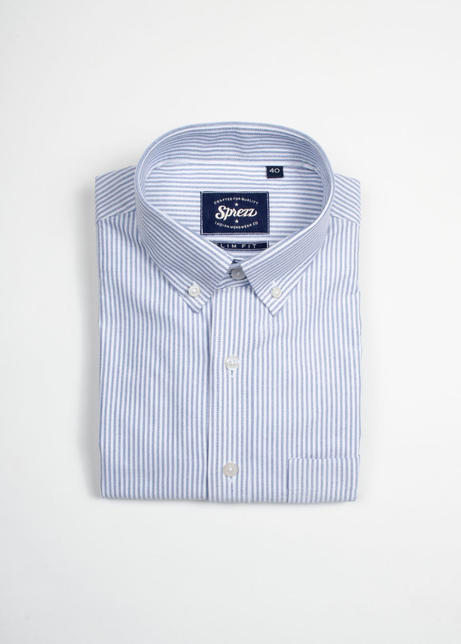 Blue Oxford Stripe Button Down Slim Fit Shirt