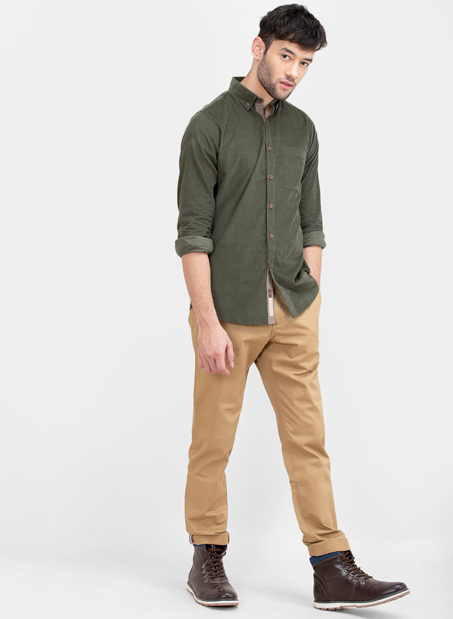 Olive Corduroy Button Down Slim Fit Shirt