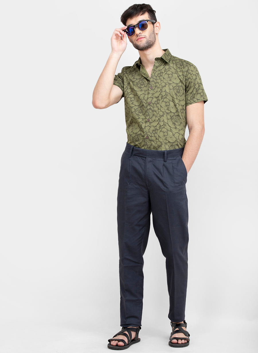 Olive Genko Print Slim Fit Half Sleeves Shirt