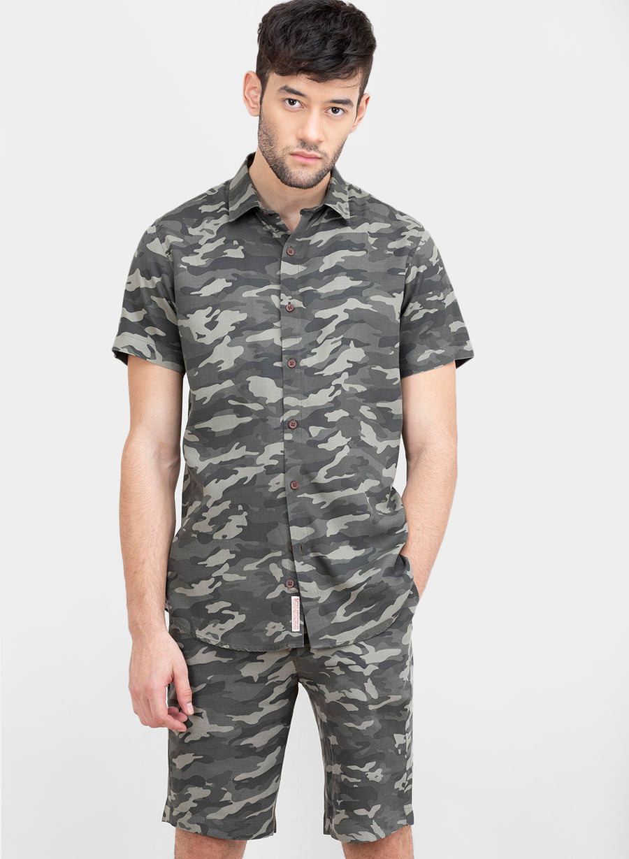 Grey Camo Half Sleeves Slim Fit Shirt