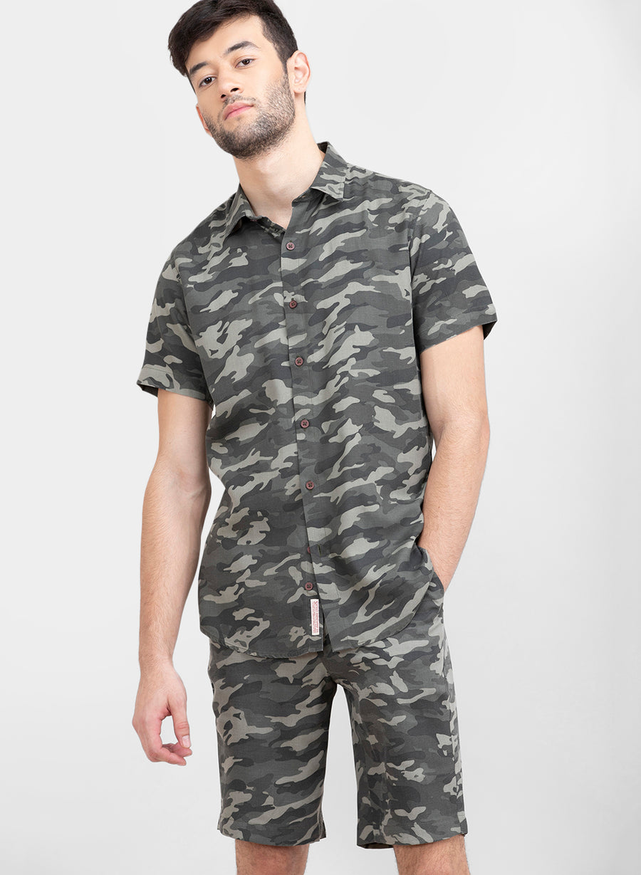 Grey Camo Half Sleeves Slim Fit Shirt