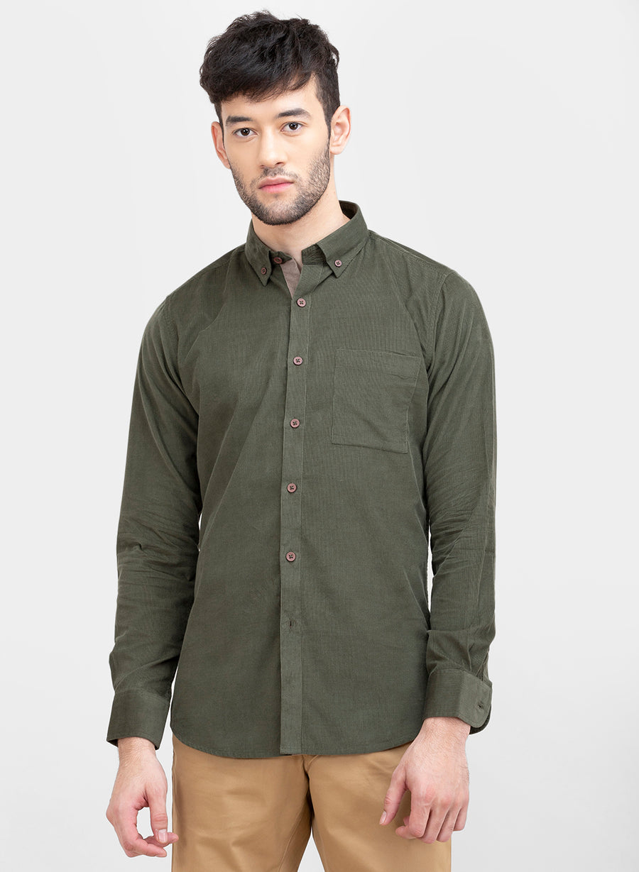 Olive Corduroy Button Down Slim Fit Shirt