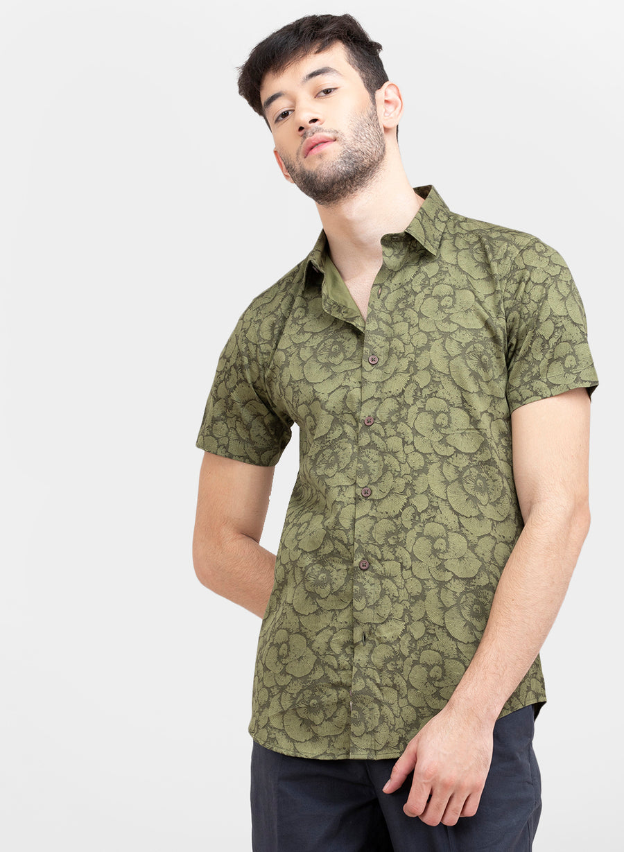 Olive Genko Print Slim Fit Half Sleeves Shirt