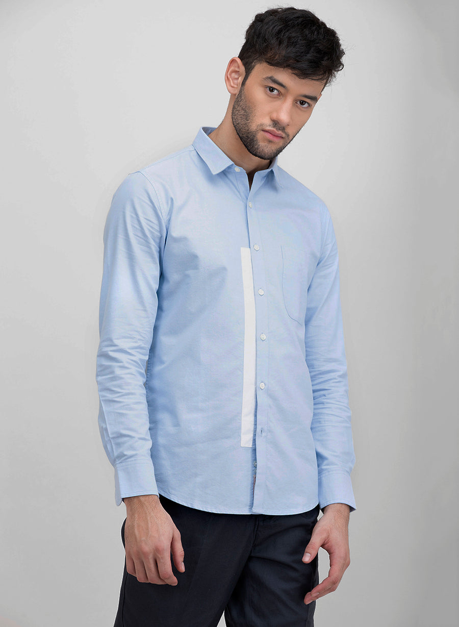 Color Block Sky Blue Oxford Full Sleeves Slim Fit Shirt