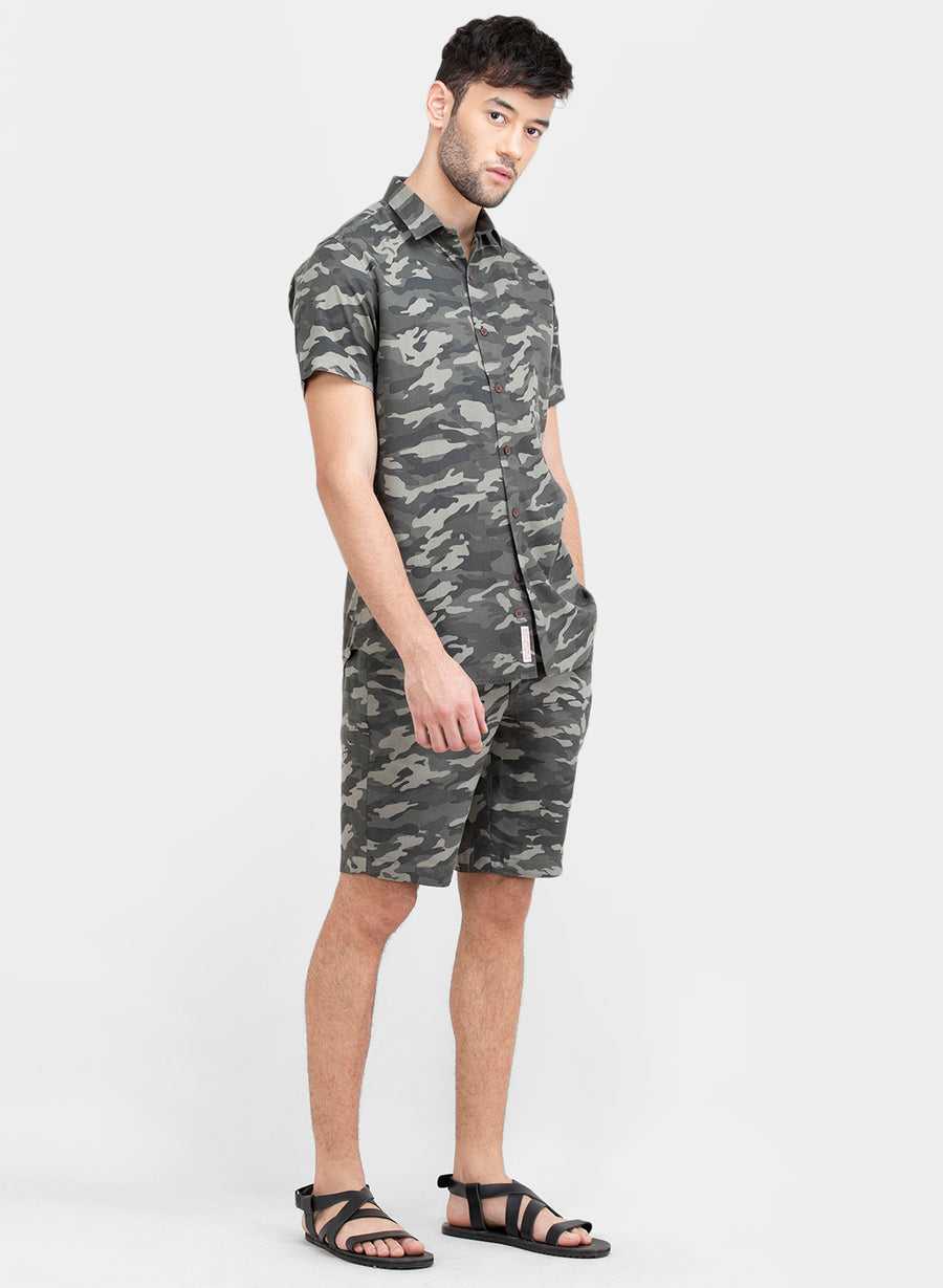 Grey Camo Half Sleeves Slim Fit Shirt