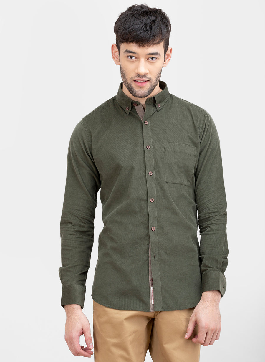 Olive Corduroy Button Down Slim Fit Shirt