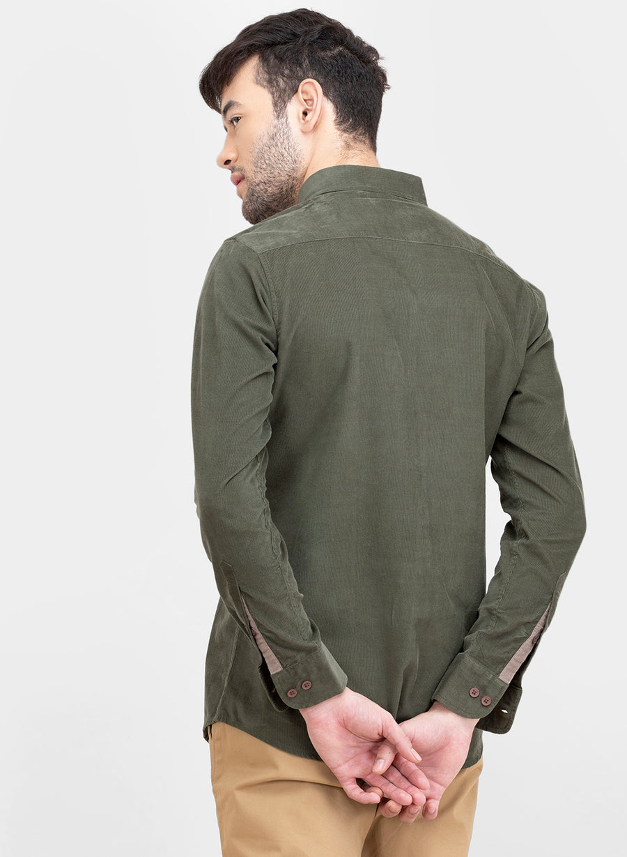 Olive Corduroy Button Down Slim Fit Shirt