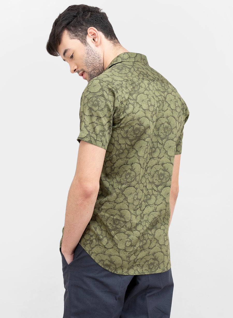 Olive Genko Print Slim Fit Half Sleeves Shirt