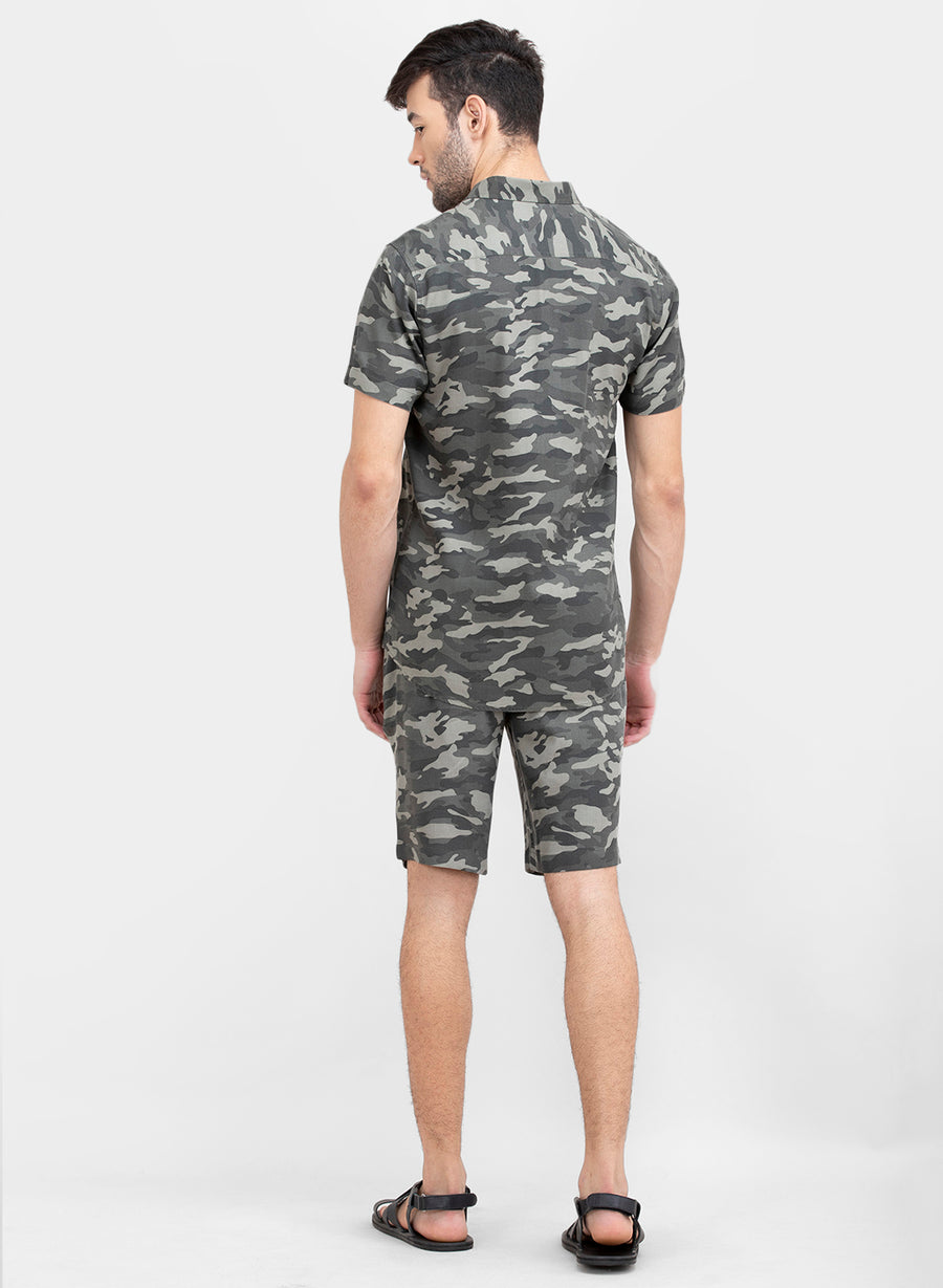 Grey Camo Half Sleeves Slim Fit Shirt