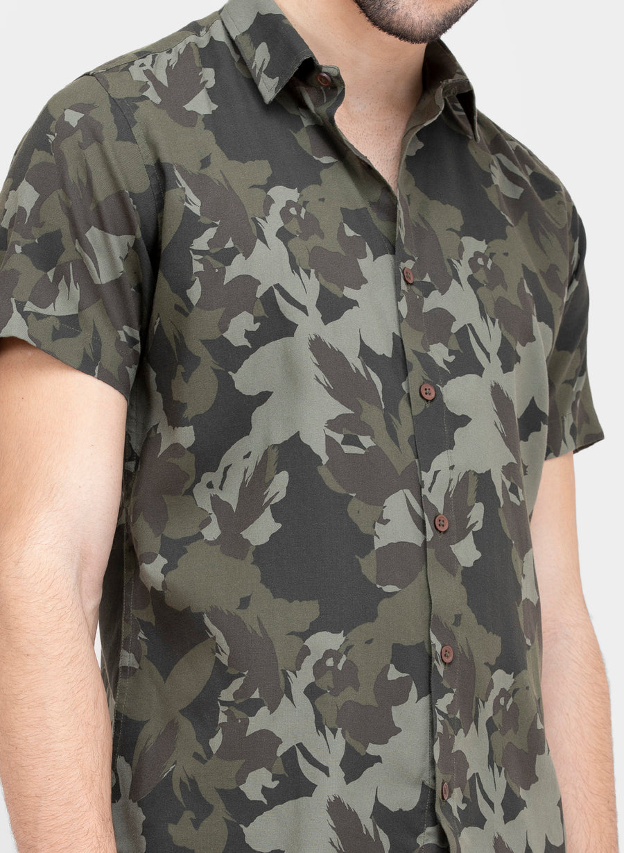 Olive Floral Half Sleeves Shirt