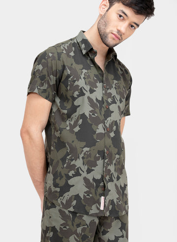 Olive Floral Half Sleeves Shirt