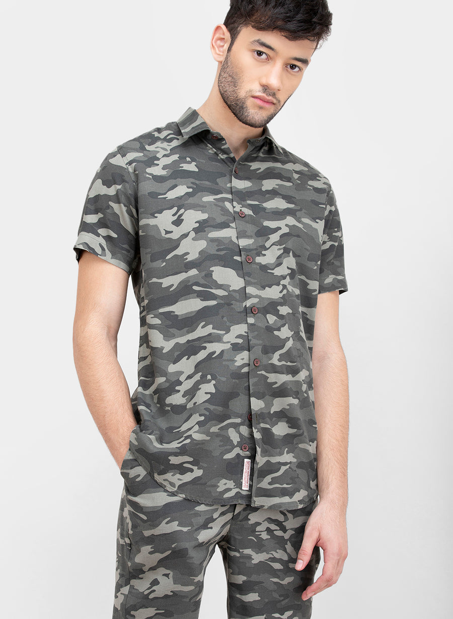 Grey Camo Half Sleeves Slim Fit Shirt