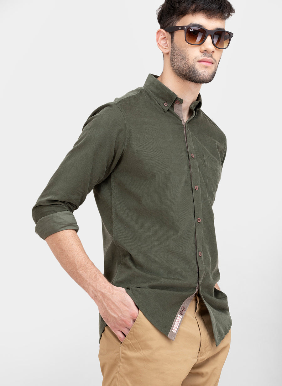 Olive Corduroy Button Down Slim Fit Shirt