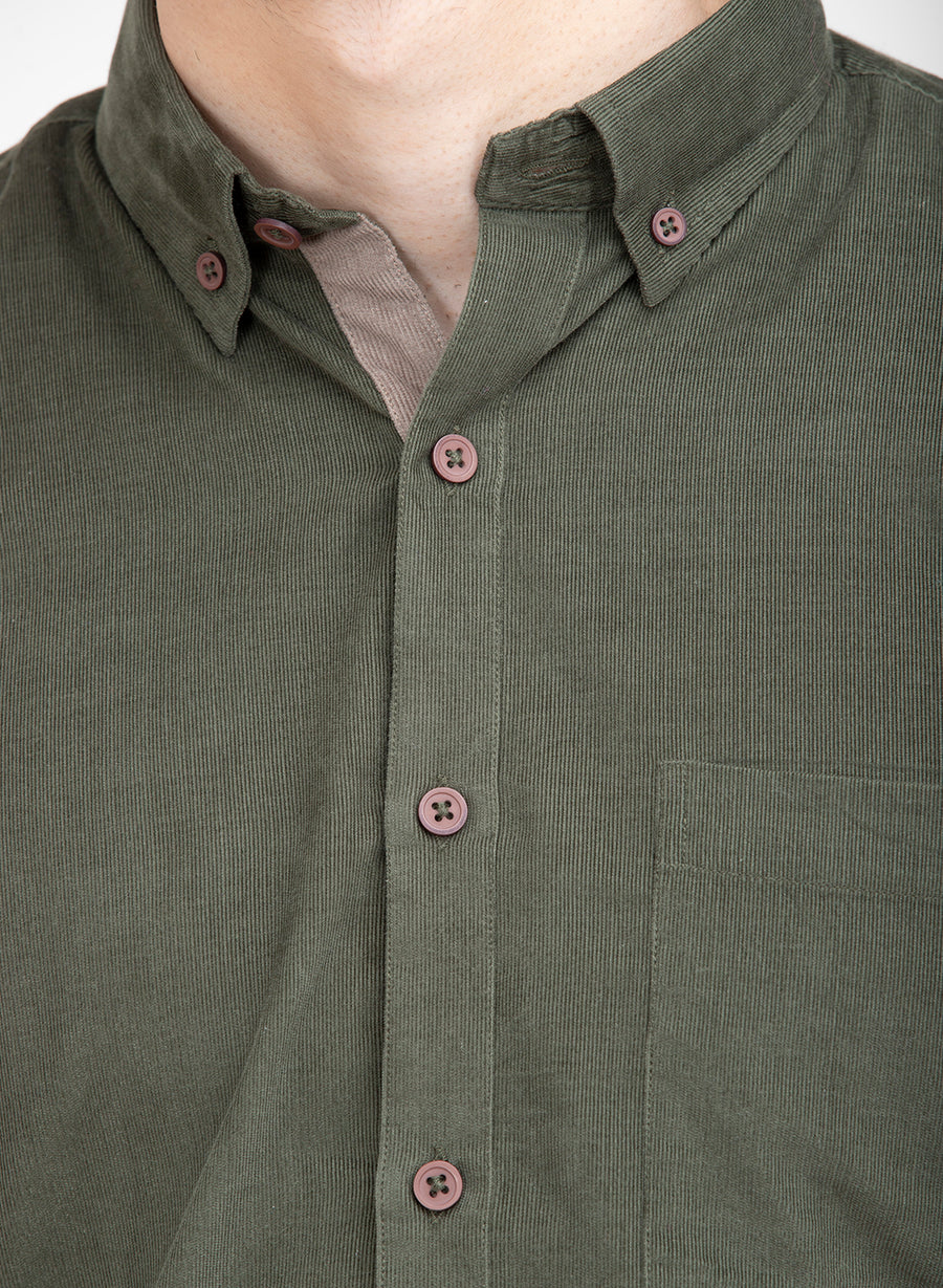 Olive Corduroy Button Down Slim Fit Shirt