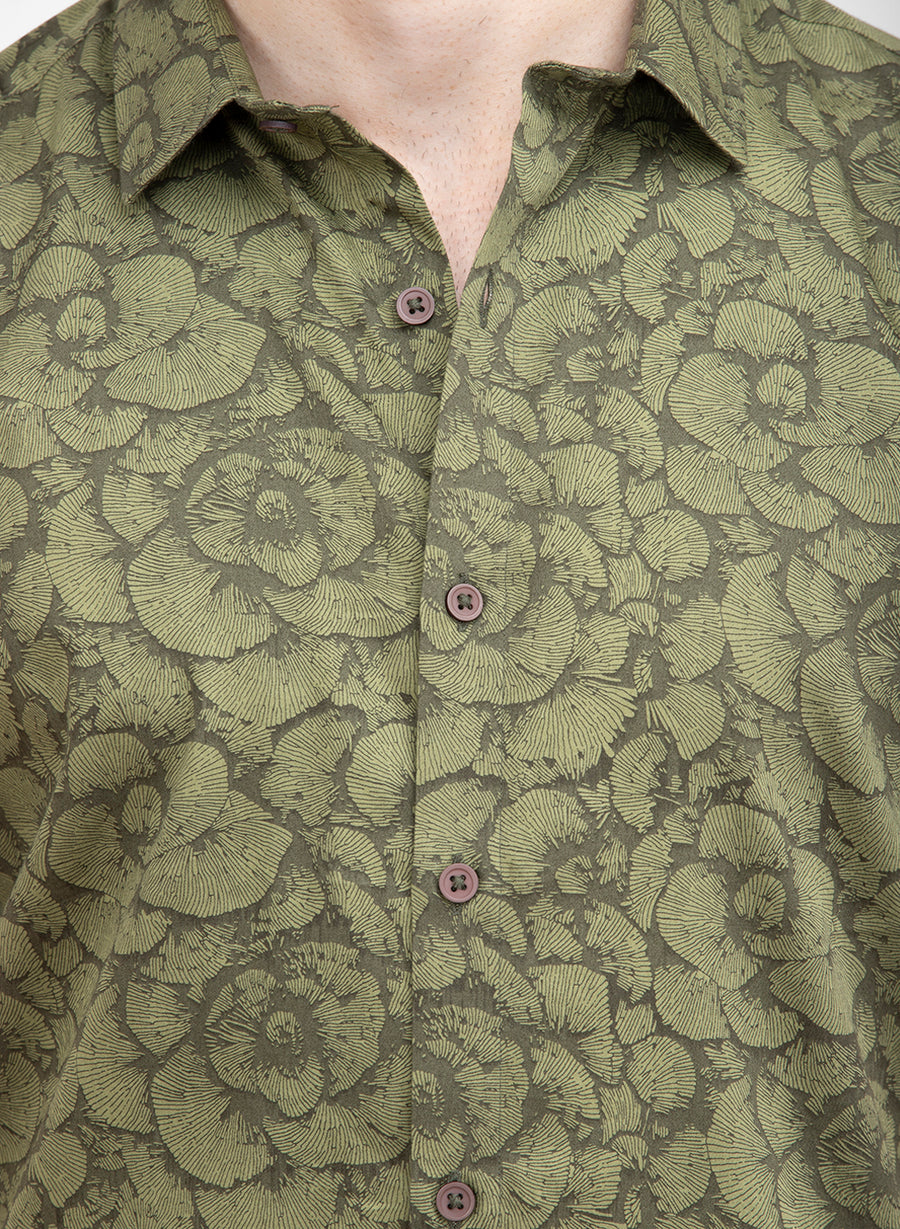 Olive Genko Print Slim Fit Half Sleeves Shirt