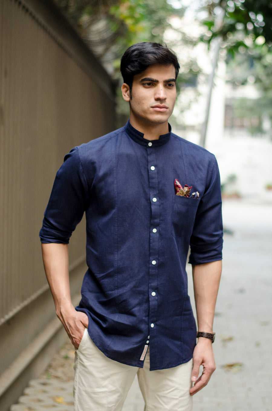 Indigo Cotton Linen Grandad Collar Slim Fit Shirt