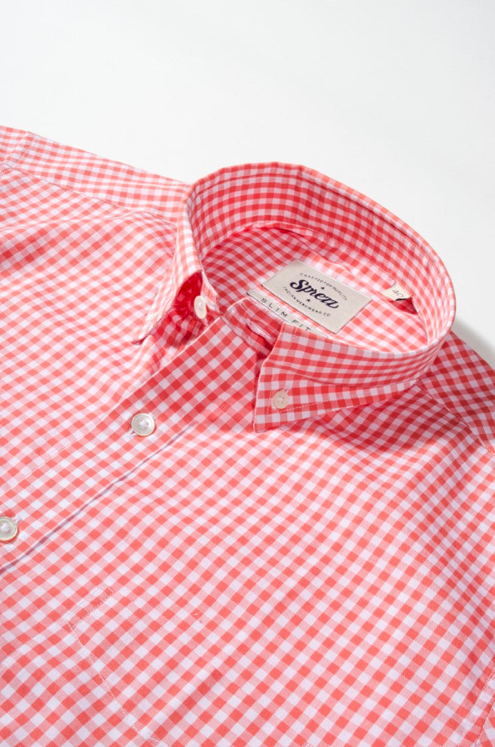Salmon Pink Gingham Check Button Down Slim Fit Shirt