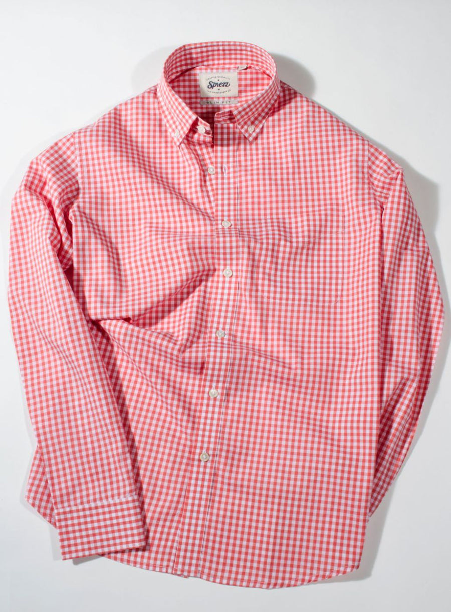 Salmon Pink Gingham Check Button Down Slim Fit Shirt