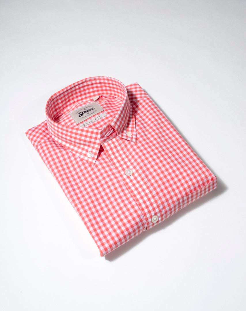 Salmon Pink Gingham Check Button Down Slim Fit Shirt