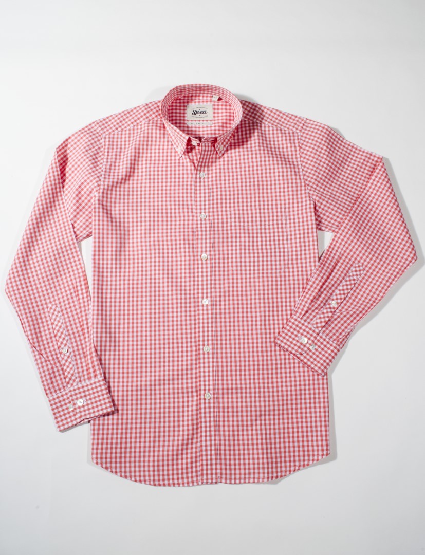 Salmon Pink Gingham Check Button Down Slim Fit Shirt