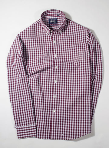 Maroon Gingham Check Button Down Slim Fit Shirt