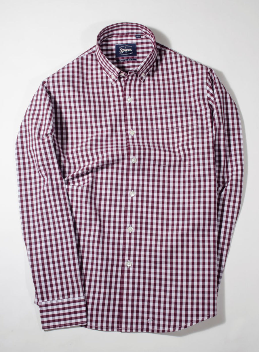 Maroon Gingham Check Button Down Slim Fit Shirt