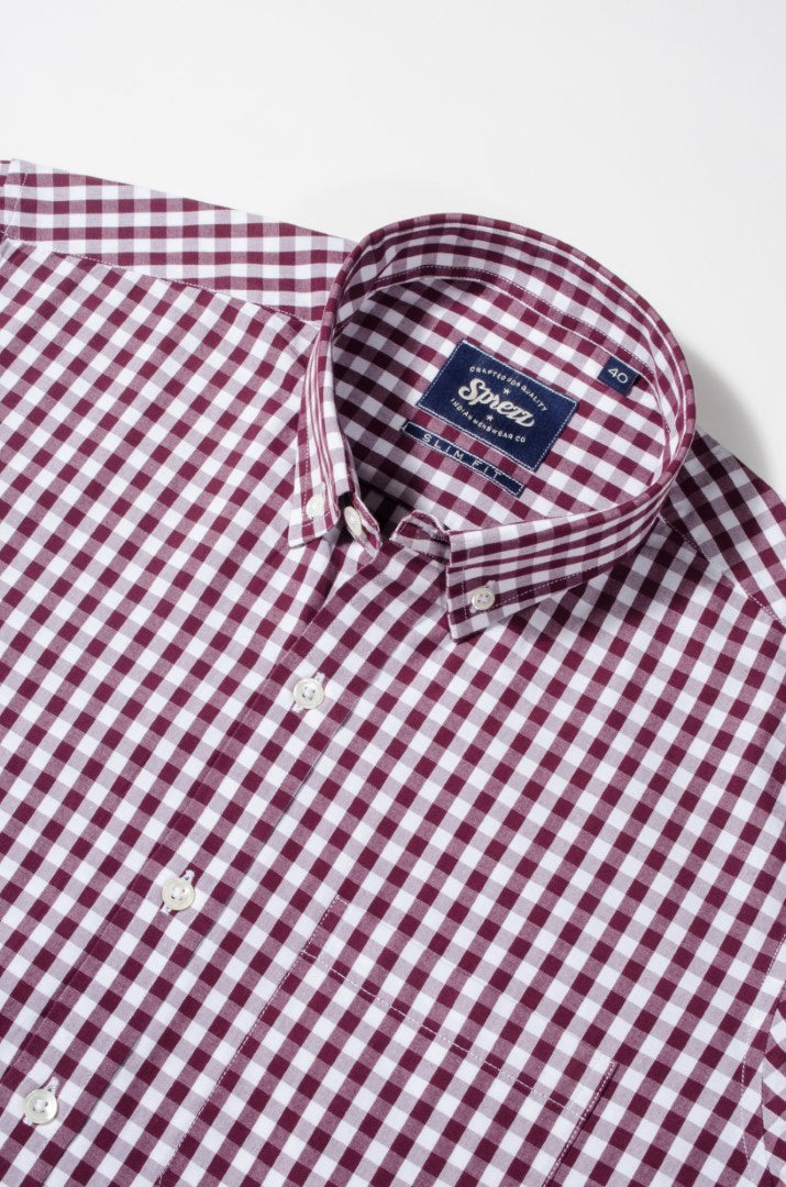 Maroon Gingham Check Button Down Slim Fit Shirt