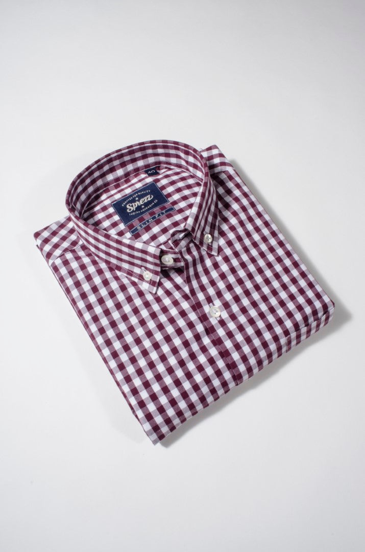 Maroon Gingham Check Button Down Slim Fit Shirt