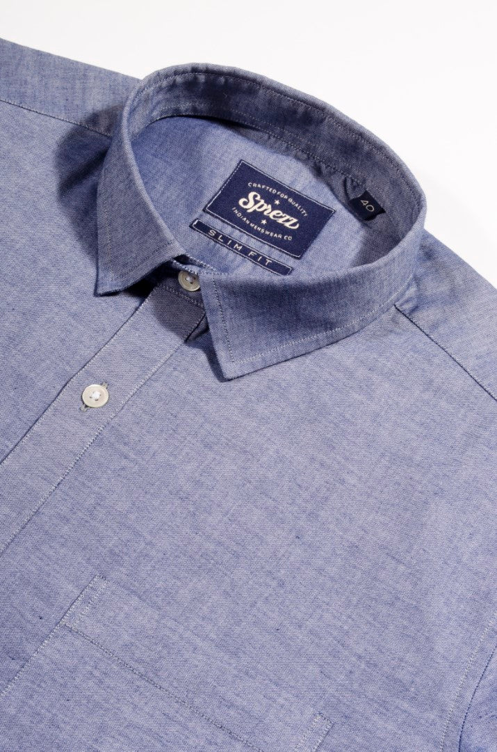 Blue Chambray Cutaway Down Slim Fit Shirt