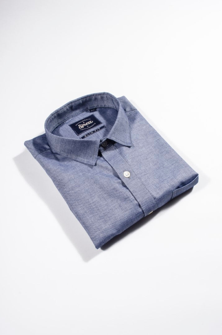 Blue Chambray Cutaway Down Slim Fit Shirt