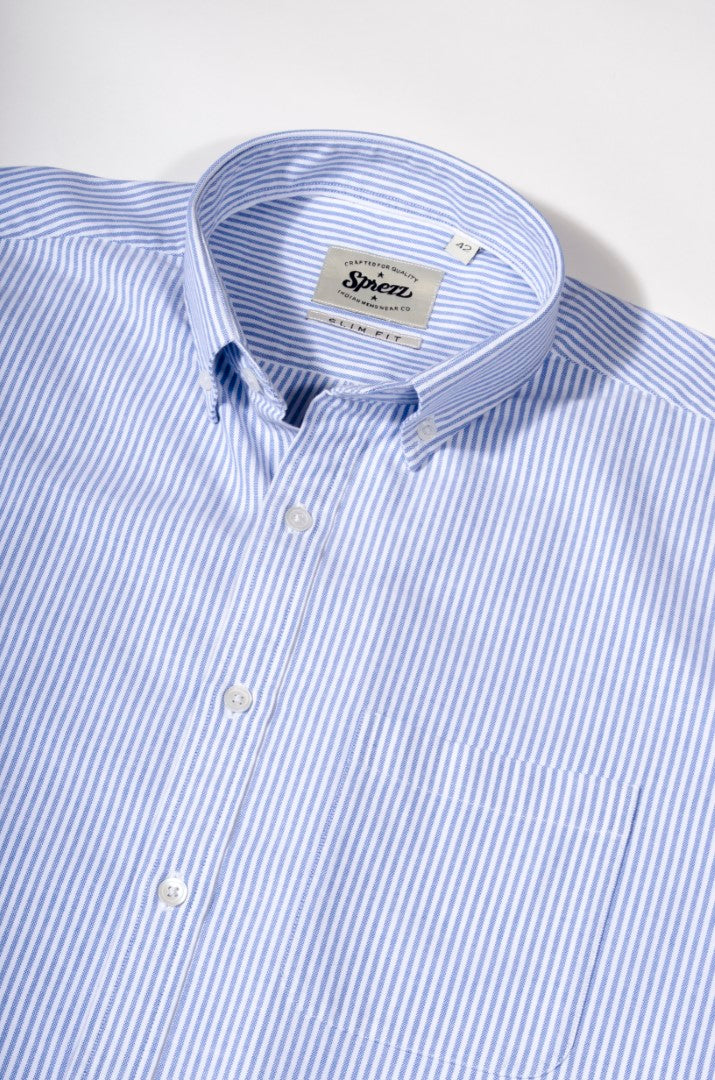 Sky Blue Oxford Stripe Button Down Slim Fit Shirt