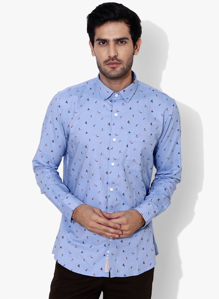 Surf Print Chambray Full Sleeves Slim Fit Shirt