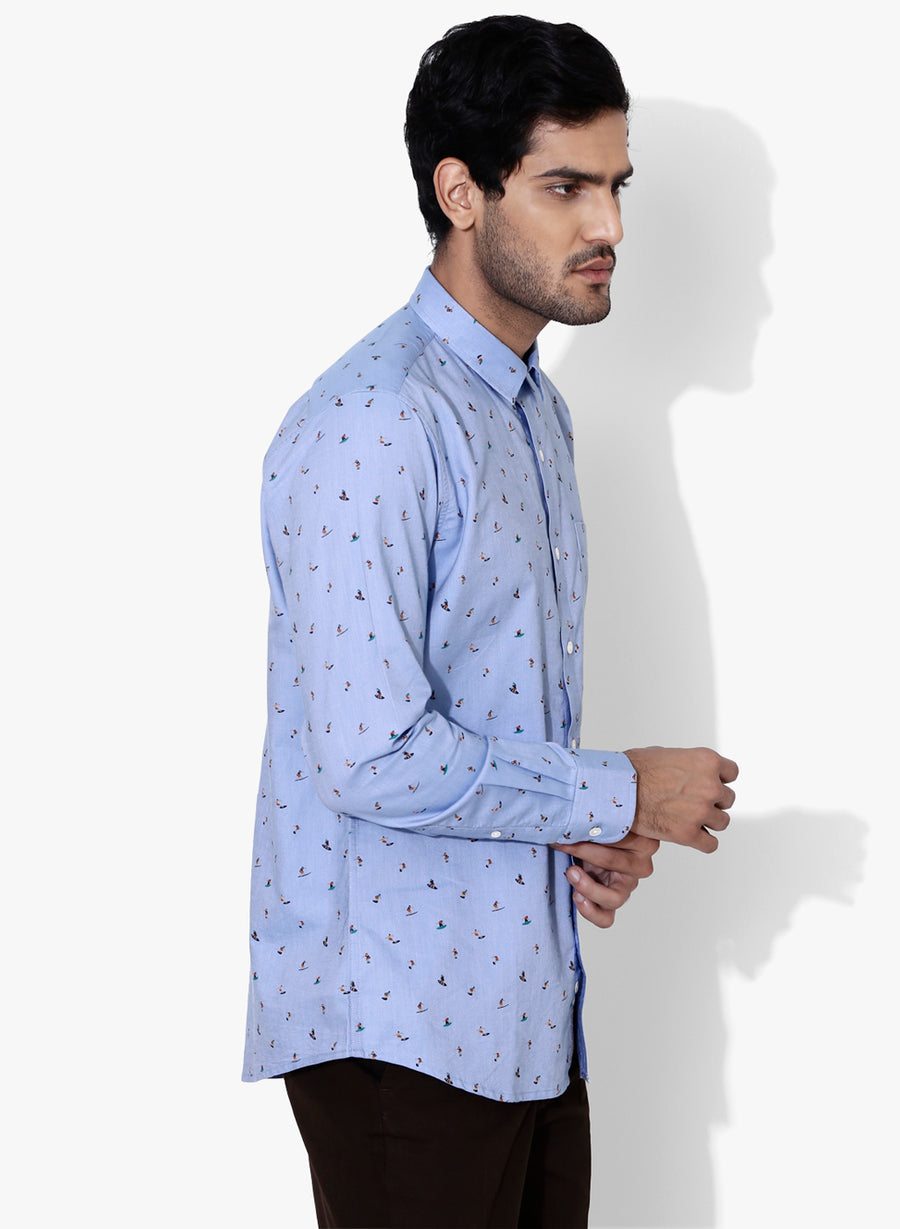 Surf Print Chambray Full Sleeves Slim Fit Shirt