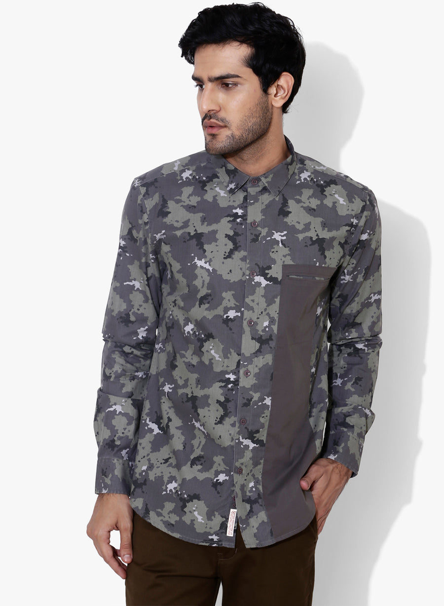 Camo Color Block Cutaway Collar Shirt